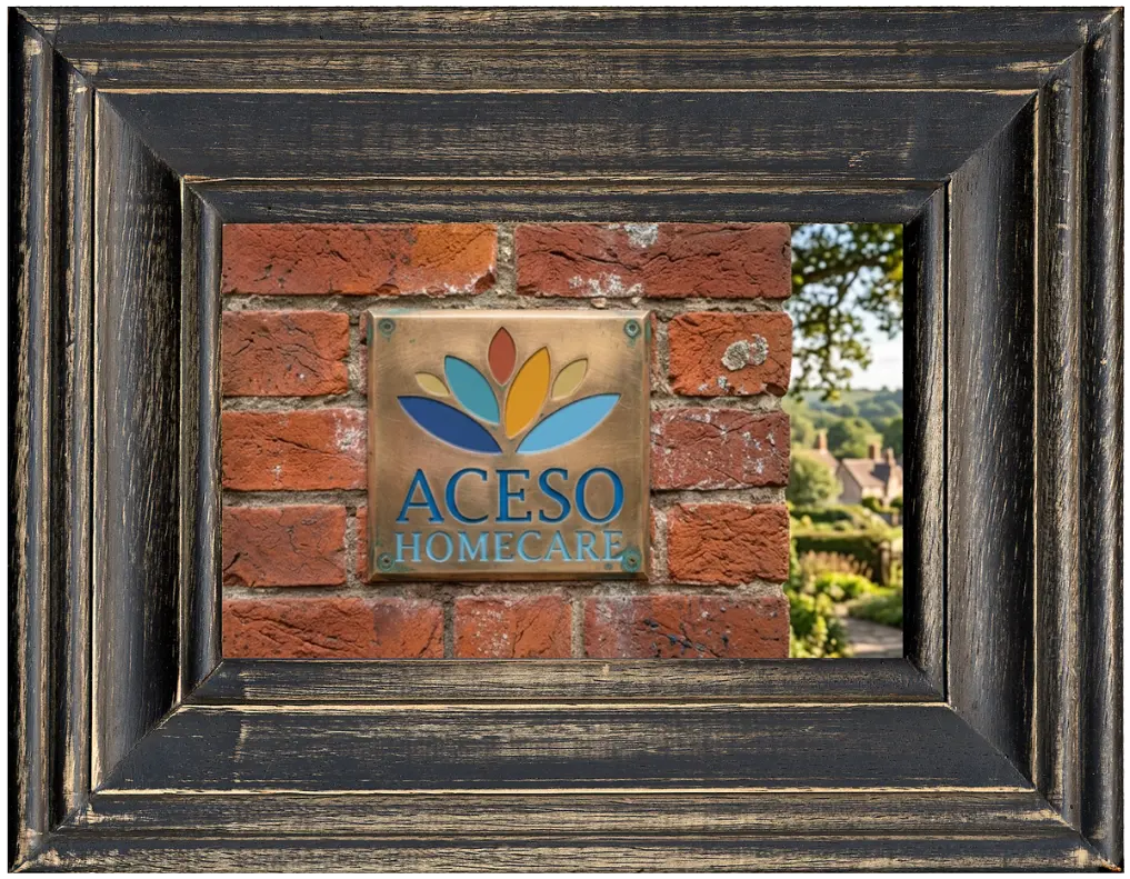 The Aceso Homecare logo in a wooden frame mounted on a brick wall