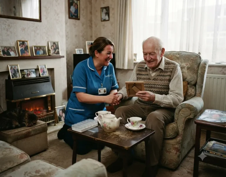 A carer and an older man having a cup of tea together in his living room